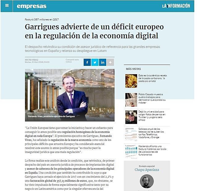 Garrigues advierte de un dficit europeo en la regulacin de la economa digital